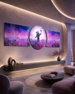 An astronaut standing in a glowing field of alien flowers, reaching out toward a single butterfly under a pink and purple sky. 3 piece glass wall art set D
