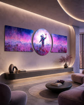 An astronaut standing in a glowing field of alien flowers, reaching out toward a single butterfly under a pink and purple sky. 3 piece glass wall art set D