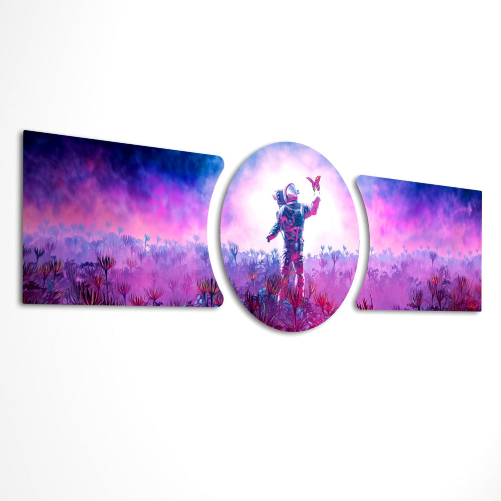 An astronaut standing in a glowing field of alien flowers, reaching out toward a single butterfly under a pink and purple sky. 3 piece glass wall art set E