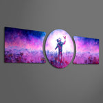 An astronaut standing in a glowing field of alien flowers, reaching out toward a single butterfly under a pink and purple sky. 3 piece glass wall art set F