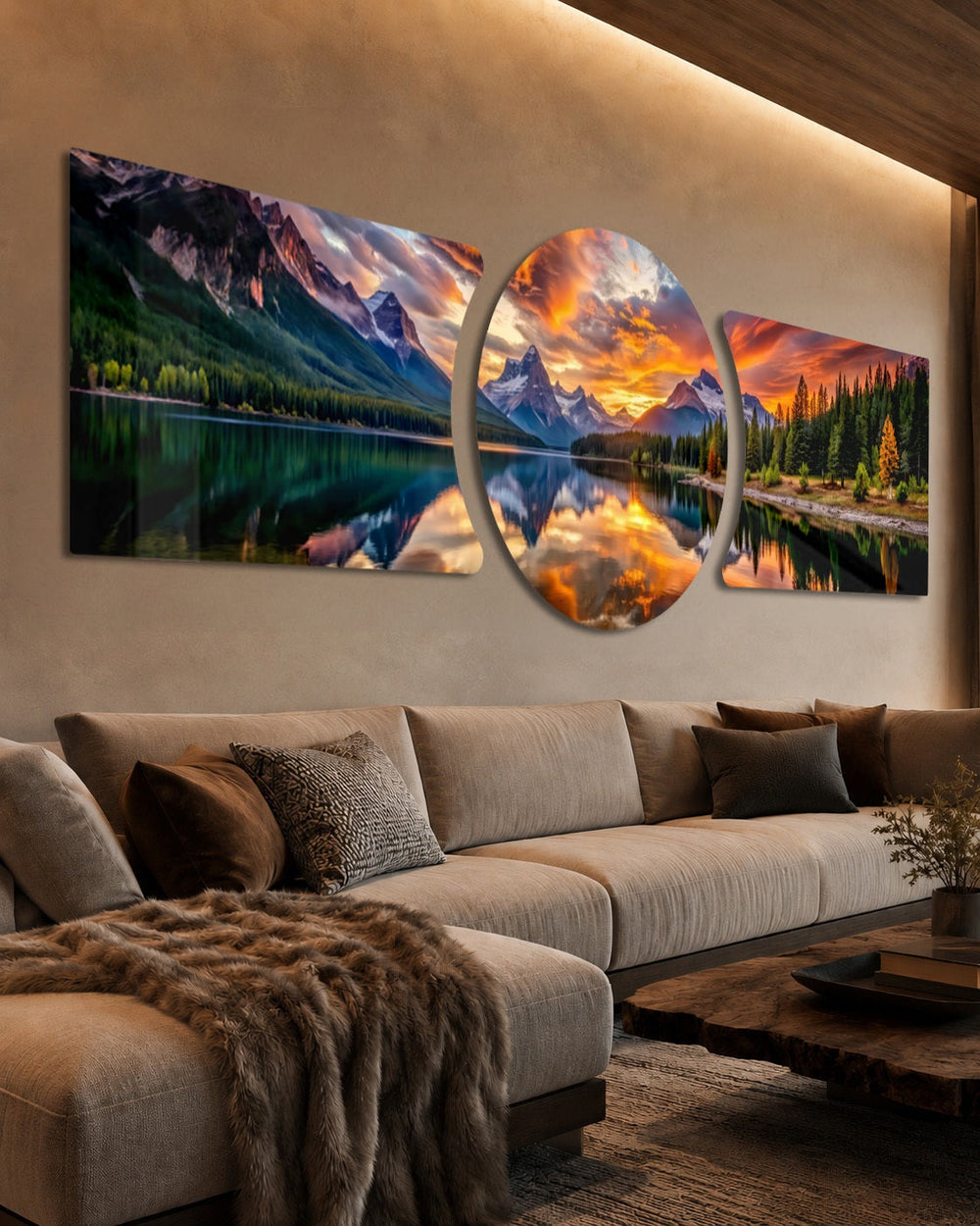 Snow-capped mountains and pine forests glowing under a fiery orange sunset, mirrored in a still mountain lake. 3 piece glass wall art set C