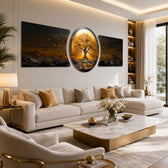 Golden Tree of Life Sunset 3 Piece Glass Wall Art
