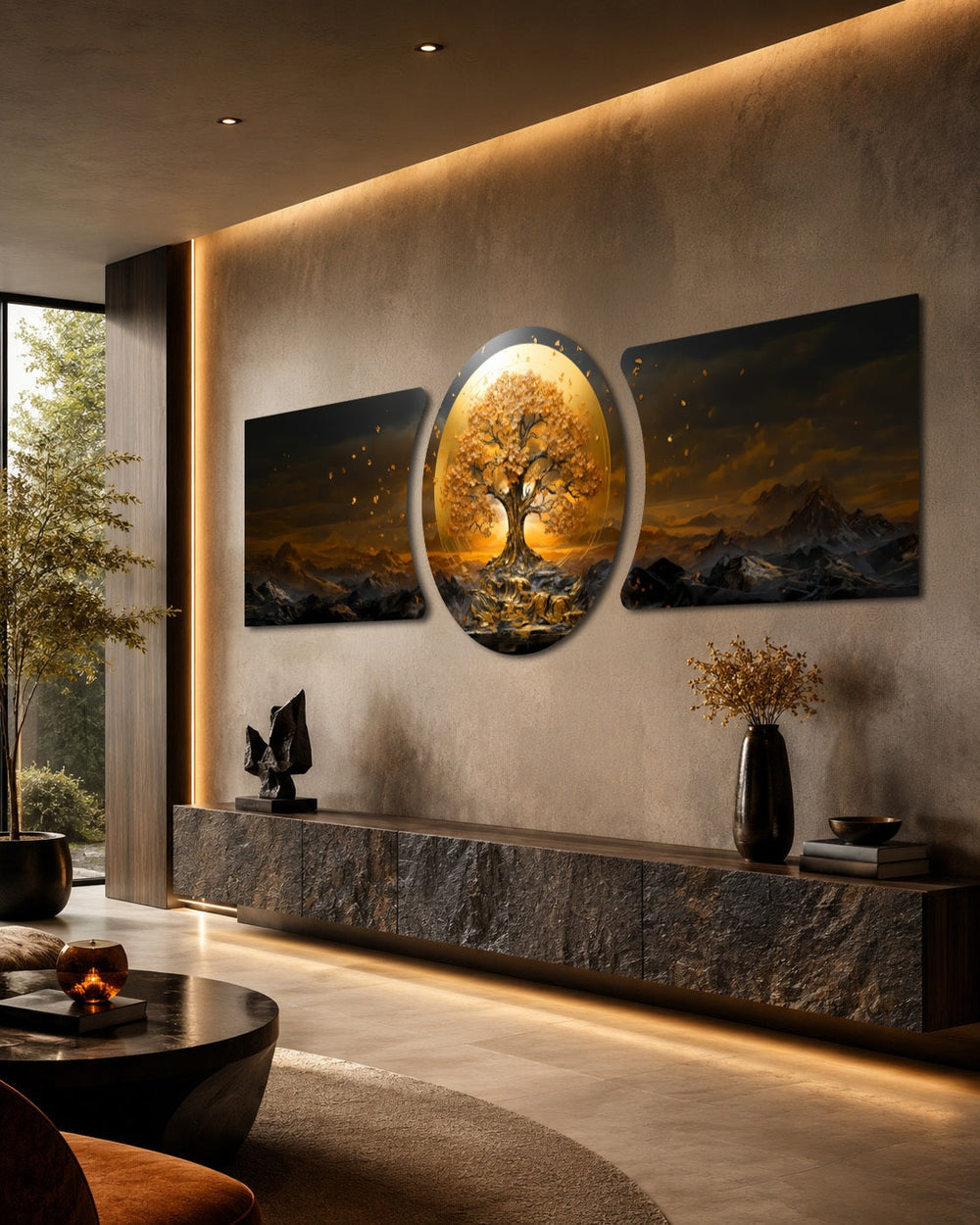 golden tree of life on a glowing gold circle with dark mountain landscape 3 piece glass wall art set B