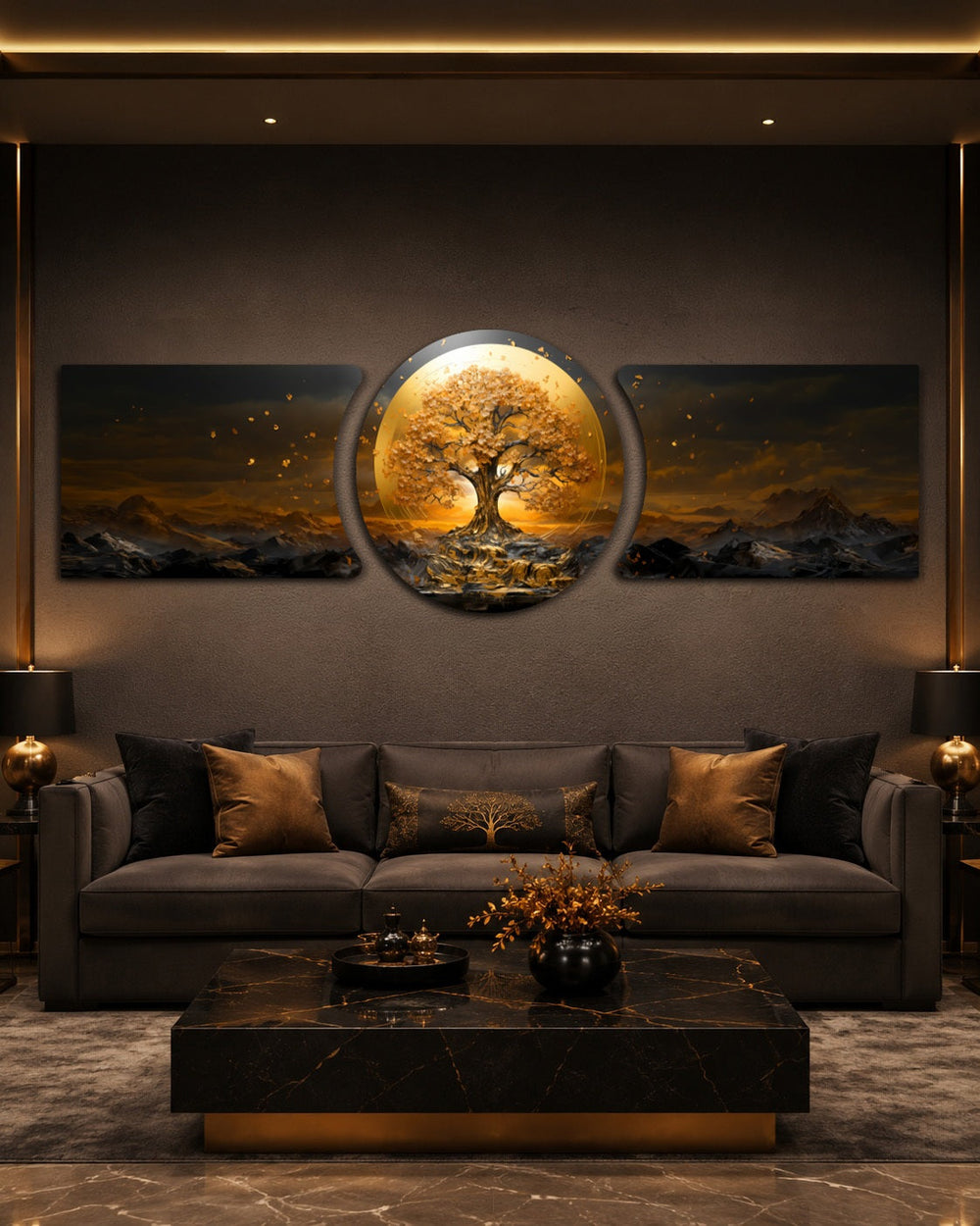 golden tree of life on a glowing gold circle with dark mountain landscape 3 piece glass wall art set C