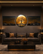 golden tree of life on a glowing gold circle with dark mountain landscape 3 piece glass wall art set C