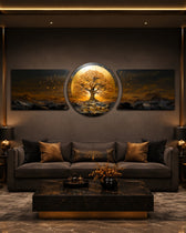 golden tree of life on a glowing gold circle with dark mountain landscape 3 piece glass wall art set C