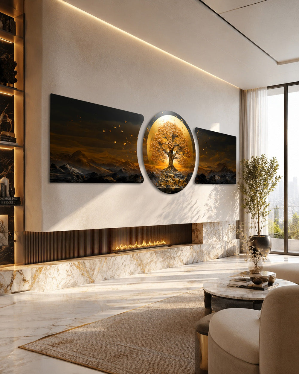golden tree of life on a glowing gold circle with dark mountain landscape 3 piece glass wall art set D