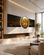 golden tree of life on a glowing gold circle with dark mountain landscape 3 piece glass wall art set D