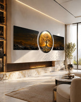 golden tree of life on a glowing gold circle with dark mountain landscape 3 piece glass wall art set D