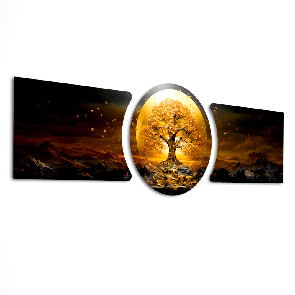 golden tree of life on a glowing gold circle with dark mountain landscape 3 piece glass wall art set E