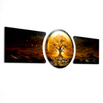 golden tree of life on a glowing gold circle with dark mountain landscape 3 piece glass wall art set E