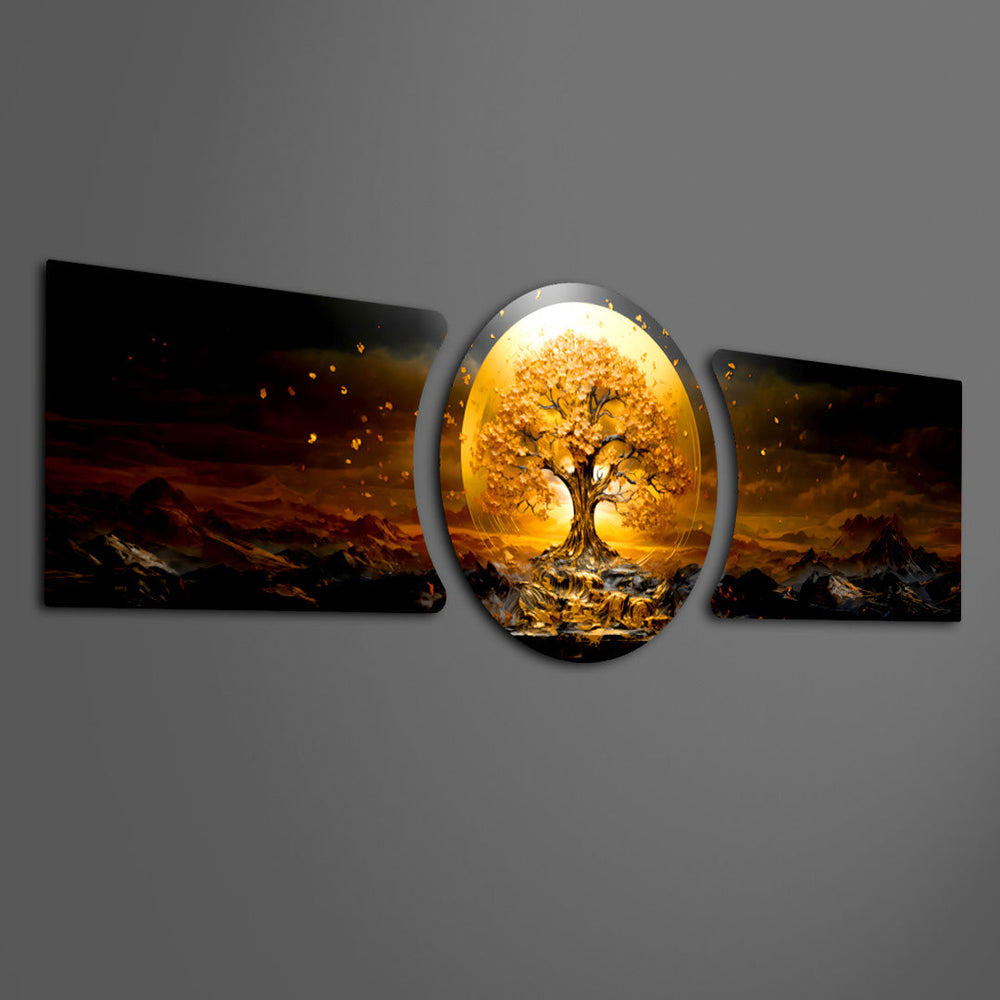 golden tree of life on a glowing gold circle with dark mountain landscape 3 piece glass wall art set F