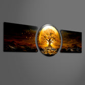 golden tree of life on a glowing gold circle with dark mountain landscape 3 piece glass wall art set F