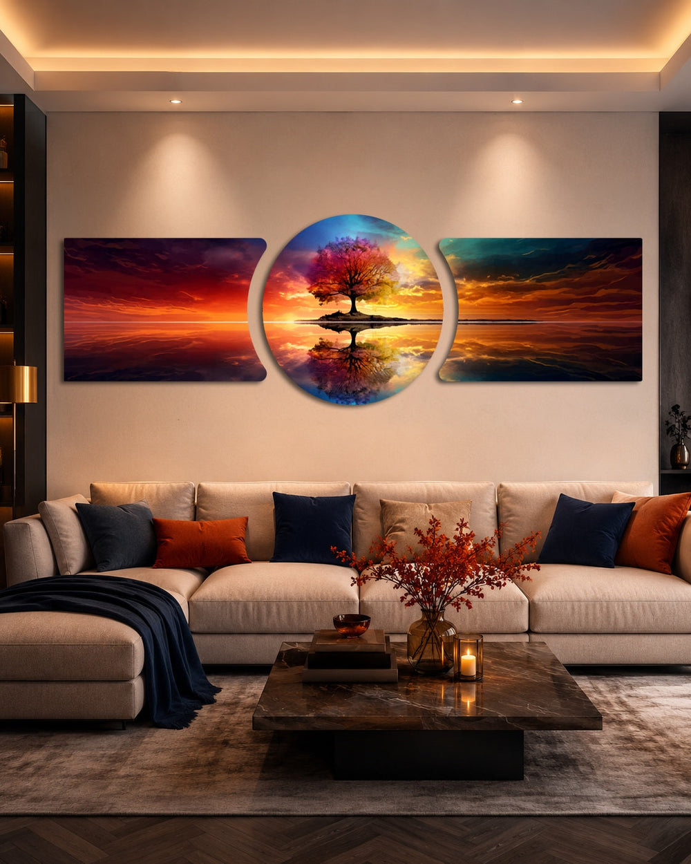 Rainbow Tree Sunset Reflection 3 Piece Glass Wall Art