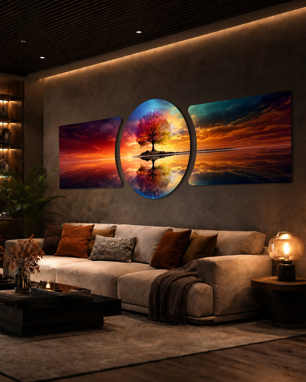 A vivid multicolored tree standing on a small island, perfectly mirrored in calm water beneath a blazing sunset sky. 3 piece glass wall art set C