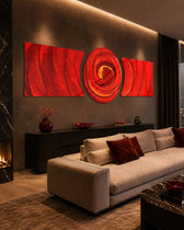 A swirling crimson and orange vortex spiraling into a molten center, flanked by flowing marbled red waves. 3 piece glass wall art set C