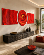 A swirling crimson and orange vortex spiraling into a molten center, flanked by flowing marbled red waves. 3 piece glass wall art set D