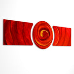 A swirling crimson and orange vortex spiraling into a molten center, flanked by flowing marbled red waves. 3 piece glass wall art set E