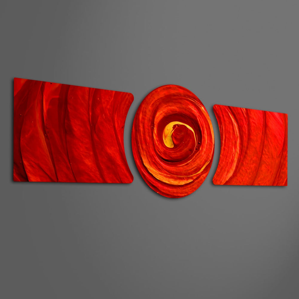 A swirling crimson and orange vortex spiraling into a molten center, flanked by flowing marbled red waves. 3 piece glass wall art set F