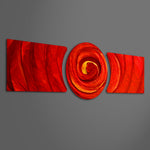 A swirling crimson and orange vortex spiraling into a molten center, flanked by flowing marbled red waves. 3 piece glass wall art set F