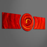 A swirling crimson and orange vortex spiraling into a molten center, flanked by flowing marbled red waves. 3 piece glass wall art set F