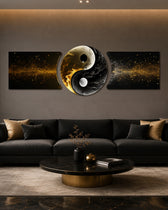 Golden Black Yin Yang Balance 3 Piece Glass Wall Art