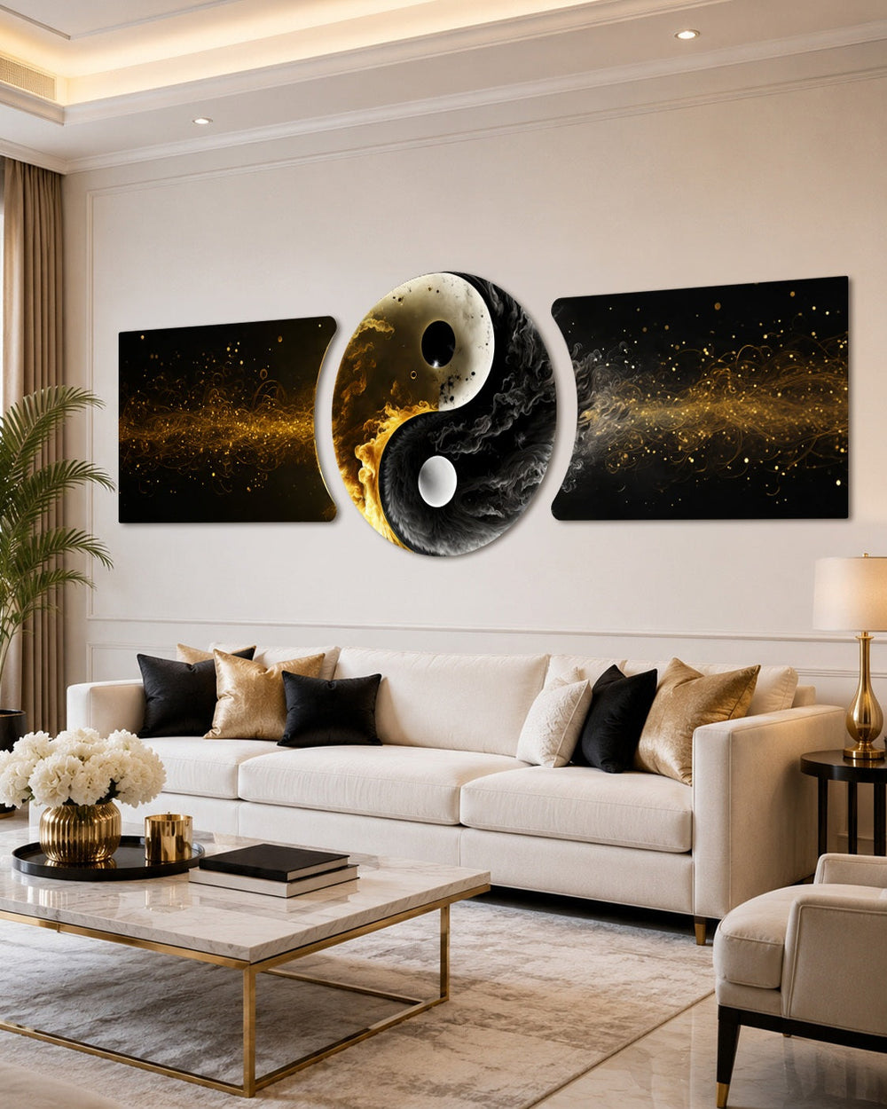 A yin yang symbol formed from pale moon-like smoke and dark smoke, framed in gold on a black ground with drifting golden sparks. 3 piece glass wall art set C