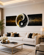 A yin yang symbol formed from pale moon-like smoke and dark smoke, framed in gold on a black ground with drifting golden sparks. 3 piece glass wall art set C