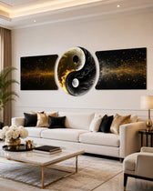 A yin yang symbol formed from pale moon-like smoke and dark smoke, framed in gold on a black ground with drifting golden sparks. 3 piece glass wall art set C