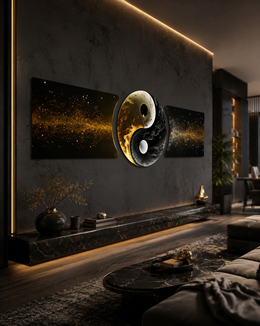 A yin yang symbol formed from pale moon-like smoke and dark smoke, framed in gold on a black ground with drifting golden sparks. 3 piece glass wall art set D