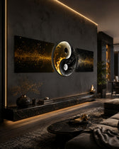 A yin yang symbol formed from pale moon-like smoke and dark smoke, framed in gold on a black ground with drifting golden sparks. 3 piece glass wall art set D
