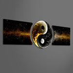 A yin yang symbol formed from pale moon-like smoke and dark smoke, framed in gold on a black ground with drifting golden sparks. 3 piece glass wall art set G