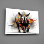 Close-up detail of the charging rhinoceros and rainbow splatter behind glass