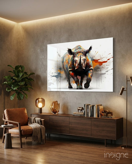 Power of Colors rhino glass wall art in a modern hotel lobby