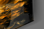 Navy in Flames glass wall art catching light to reveal its oil brushwork