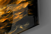 Navy in Flames glass wall art catching light to reveal its oil brushwork