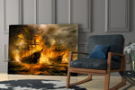 Naval battle artwork in a gentleman's lounge with leather seating