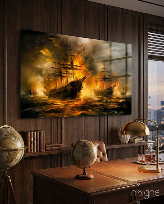 Navy in Flames seascape glass wall art in a modern study