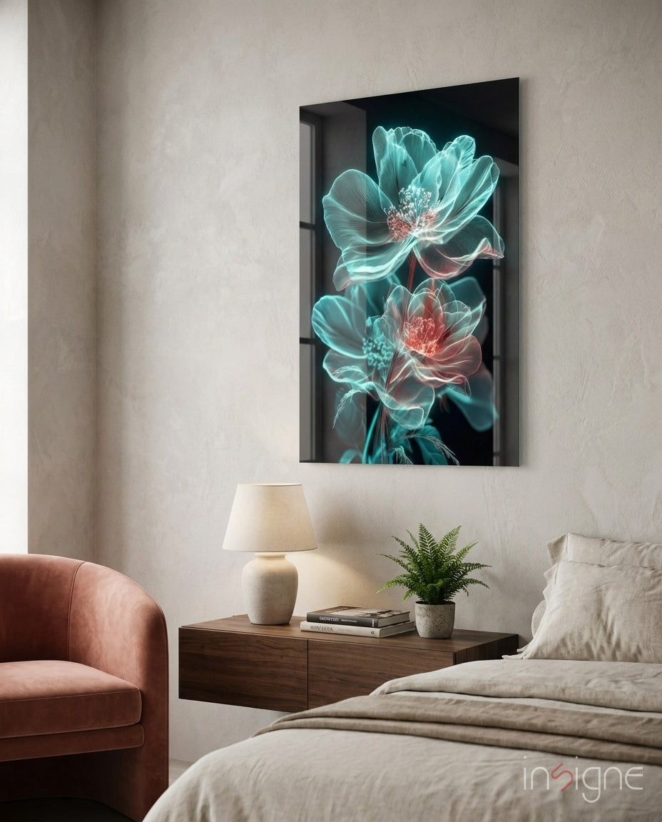 Luminous peony glass wall art in a modern master bedroom
