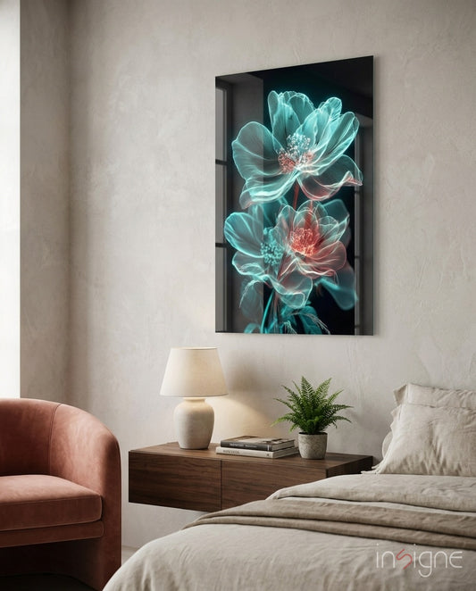 Luminous peony glass wall art in a modern master bedroom