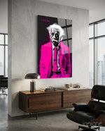 Einstein I Told You magenta glass wall art in a modern study
