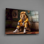 Close-up detail of the anthropomorphic lion in mustard tracksuit behind glass