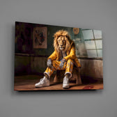 Close-up detail of the anthropomorphic lion in mustard tracksuit behind glass