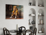 Anthropomorphic lion panel against a brick or moody concrete accent wall