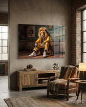 Yellow Jacket King lion glass wall art in a modern creative loft