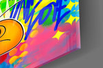 Mickey World of Brands glass wall art catching light to reveal its splatter texture
