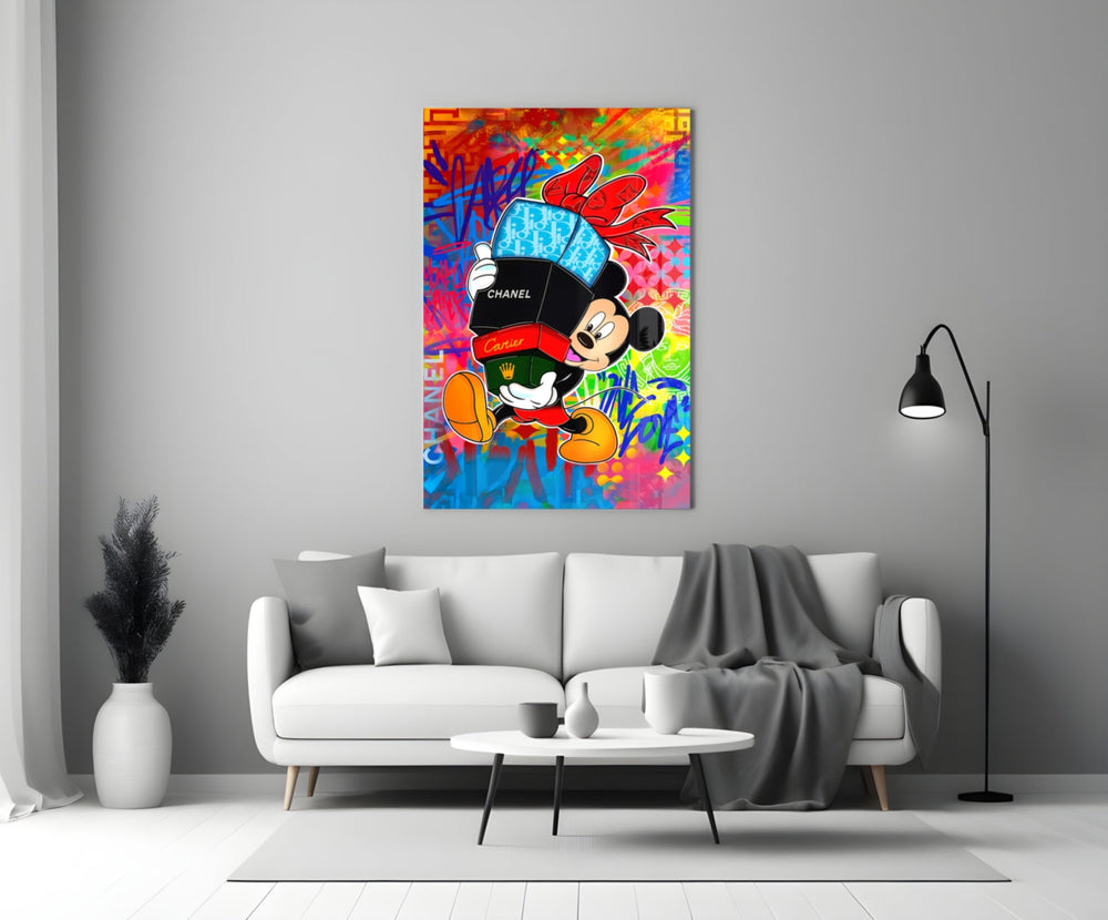 Mickey artwork styled in a teen's bedroom with vibrant accents