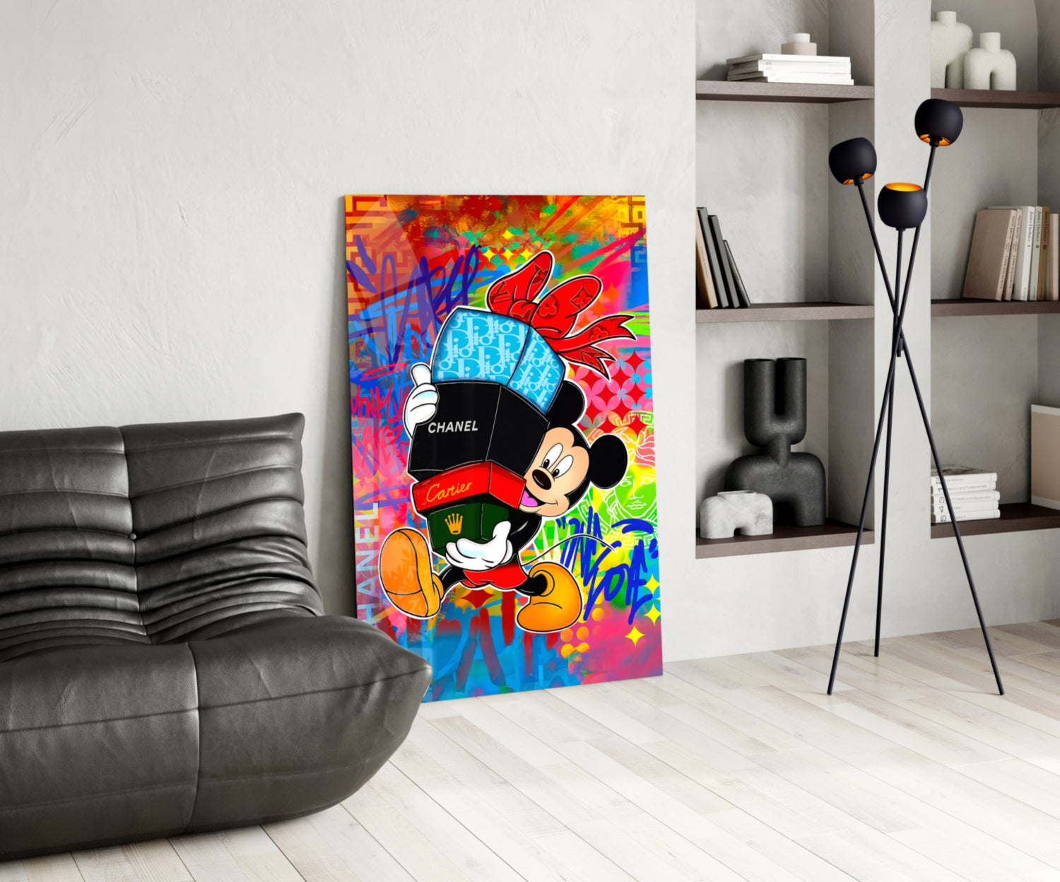 Mickey in the World of Brands Glass Wall Art || Designer Collection