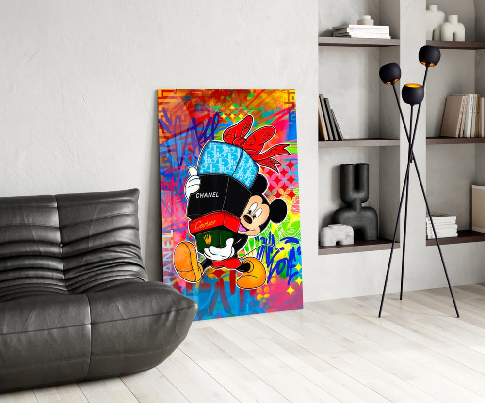 Pop-graffiti panel against a brick or moody concrete accent wall