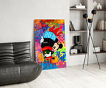 Pop-graffiti panel against a brick or moody concrete accent wall